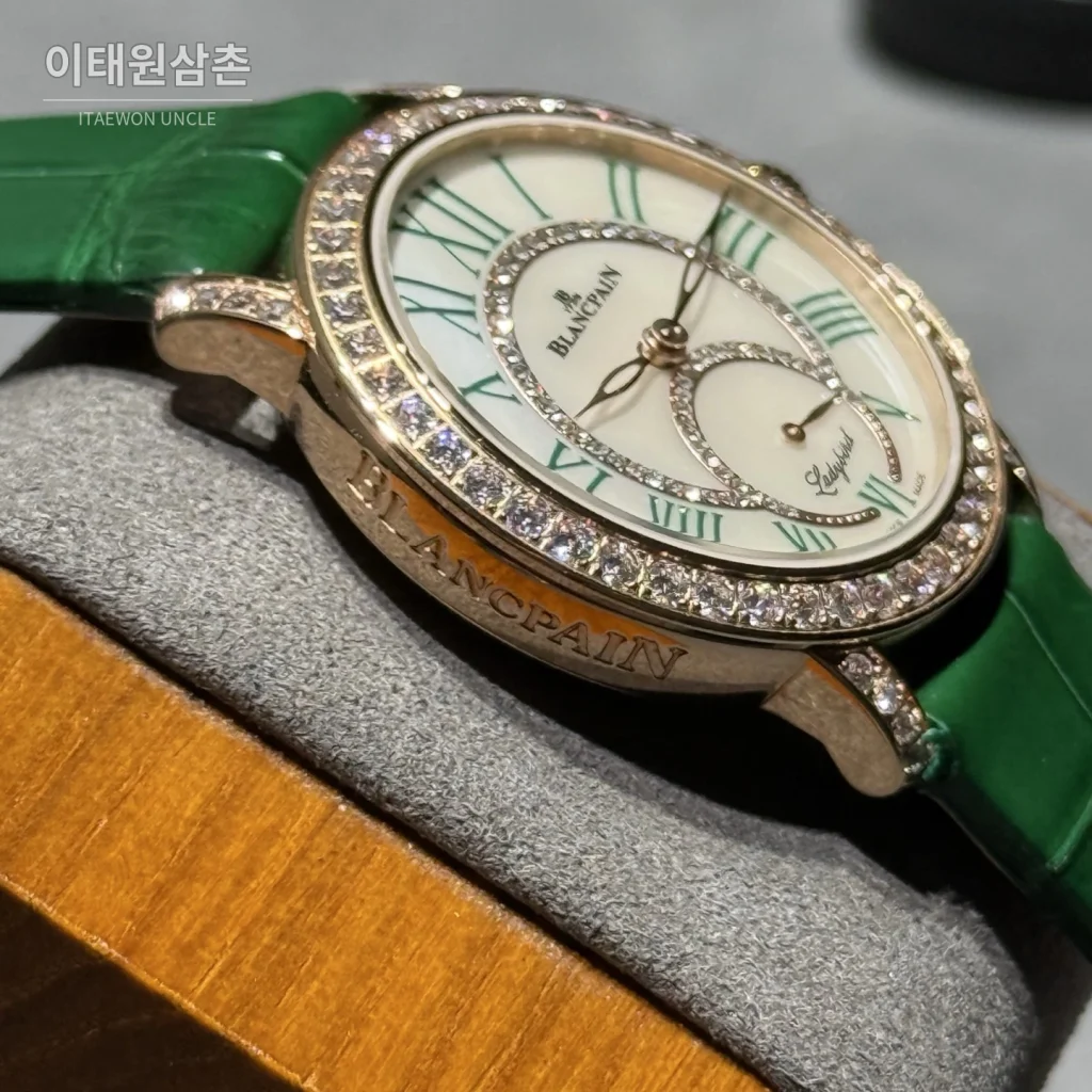 블랑팡 다이아몬드 볼 오토매틱 34.9mm 자개 다이얼 그린 가죽 스트랩 골드 베젤