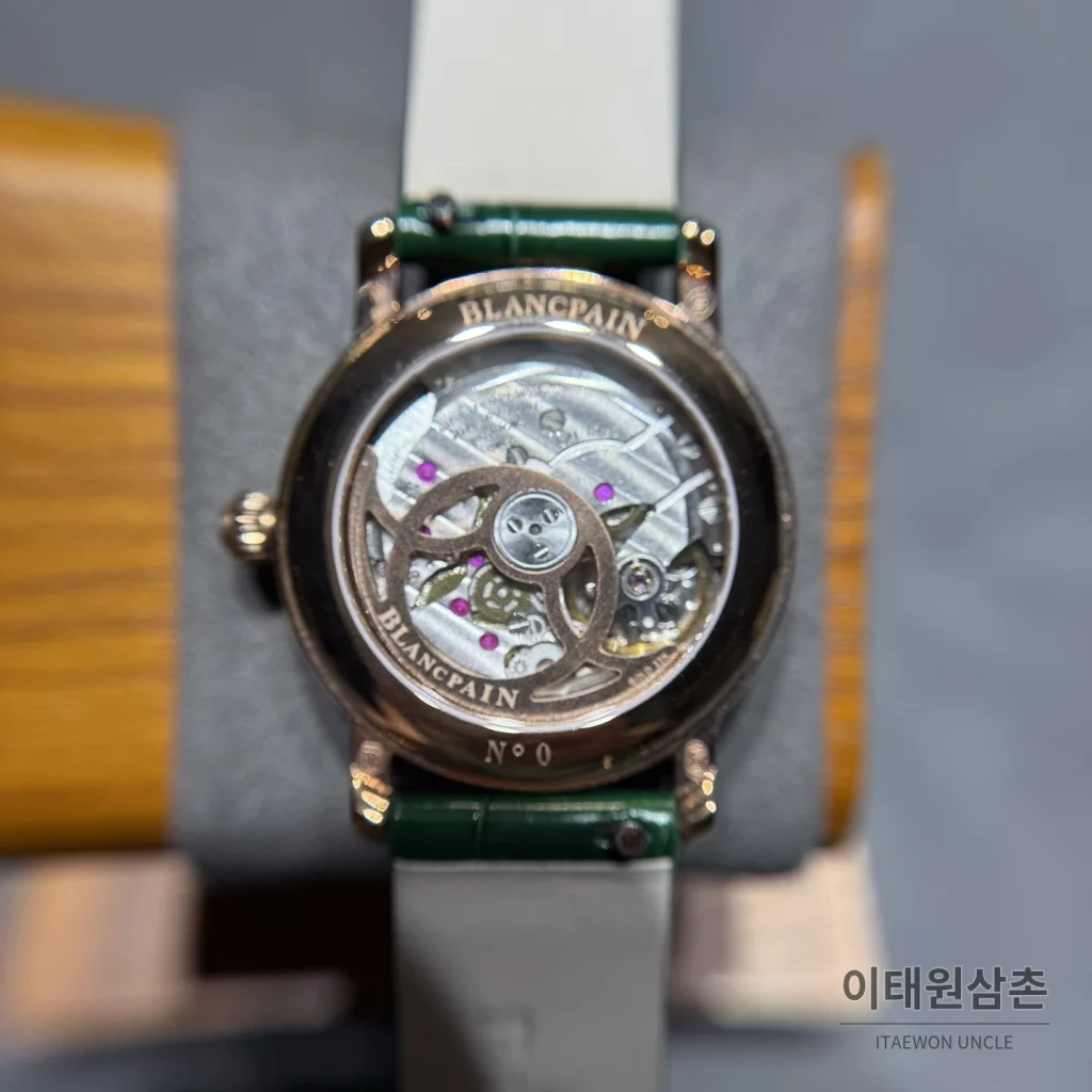 블랑팡 다이아몬드 볼 오토매틱 34.9mm 자개 다이얼 그린 가죽 스트랩 골드 베젤