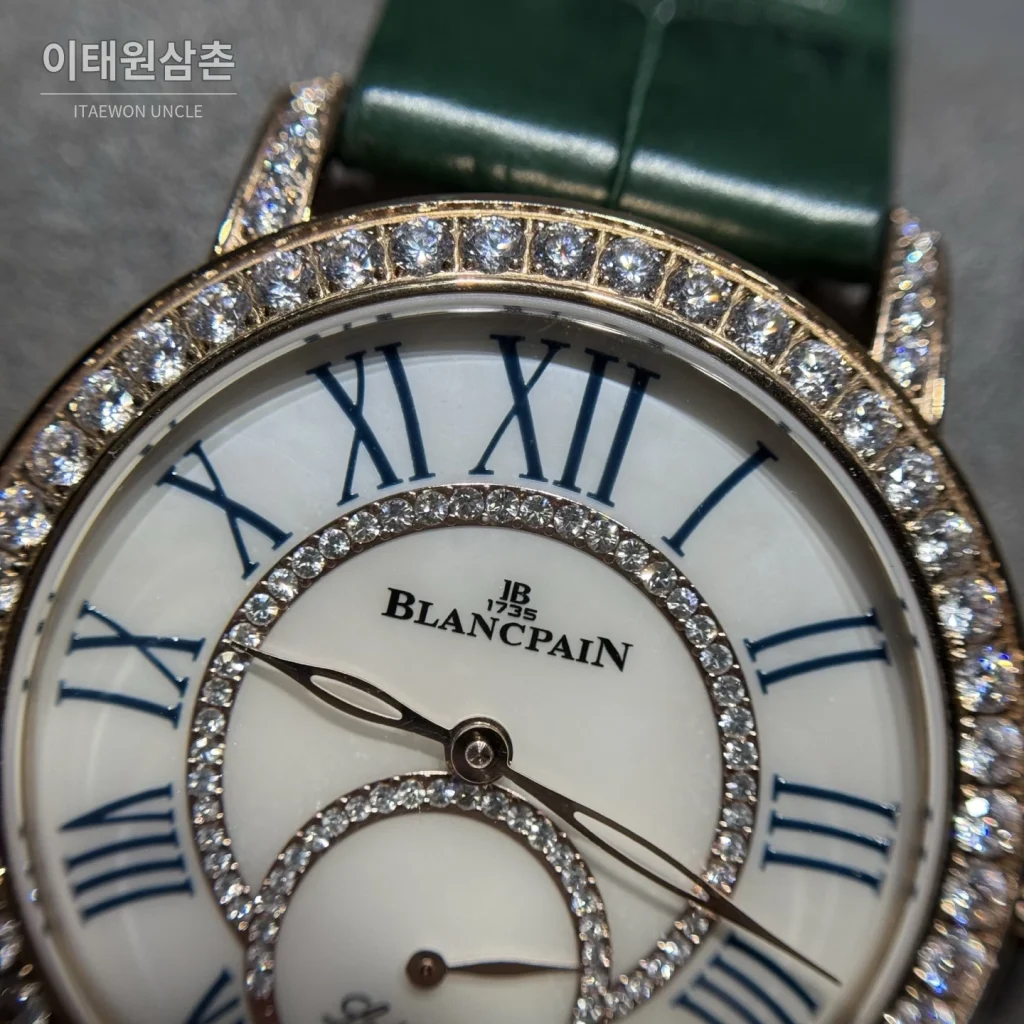 블랑팡 다이아몬드 볼 오토매틱 34.9mm 자개 다이얼 그린 가죽 스트랩 로즈골드 베젤