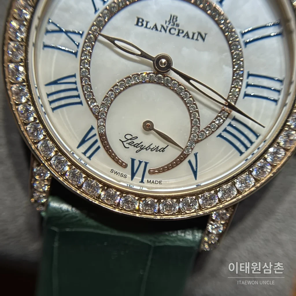 블랑팡 다이아몬드 볼 오토매틱 34.9mm 자개 다이얼 그린 가죽 스트랩 로즈골드 베젤