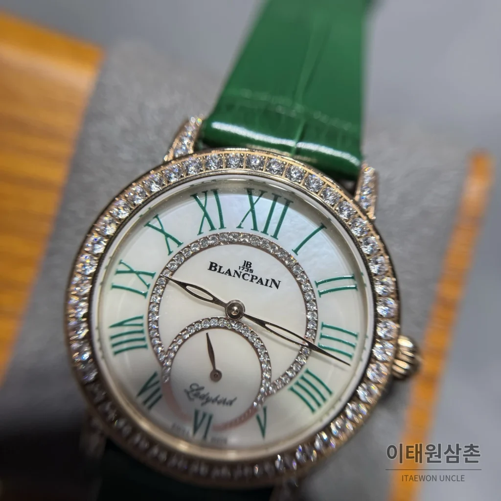 블랑팡 다이아몬드 볼 오토매틱 34.9mm 자개 다이얼 그린 가죽 스트랩 골드 베젤