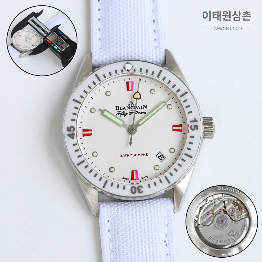 블랑팡 피프티패덤즈 바티스카프 세라믹 오토매틱 38mm 블랙 화이트 나일론 스트랩