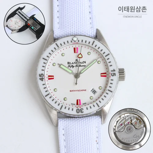 블랑팡 피프티패덤즈 바티스카프 세라믹 오토매틱 38mm 블랙 화이트 나일론 스트랩