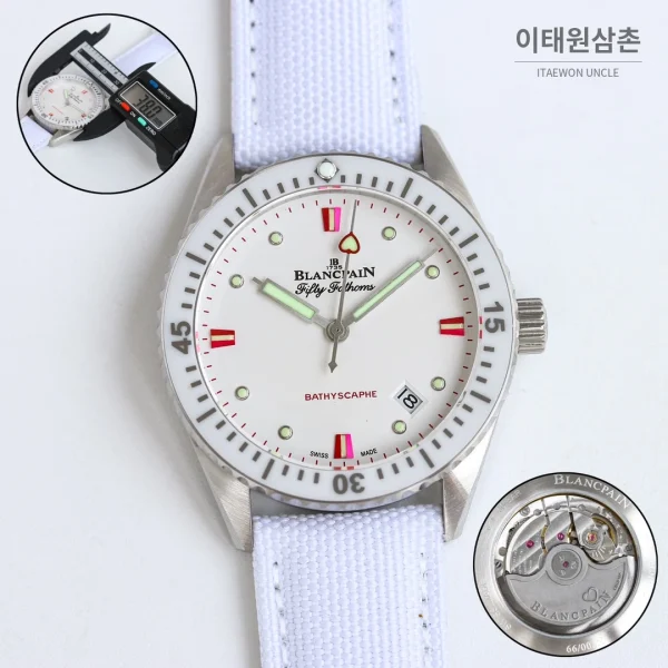 블랑팡 피프티패덤즈 바티스카프 세라믹 오토매틱 38mm 블랙 화이트 나일론 스트랩