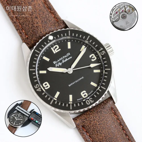 블랑팡 피프티패덤즈 바티스카프 세라믹 오토매틱 38mm 블랙 브라운 가죽 스트랩