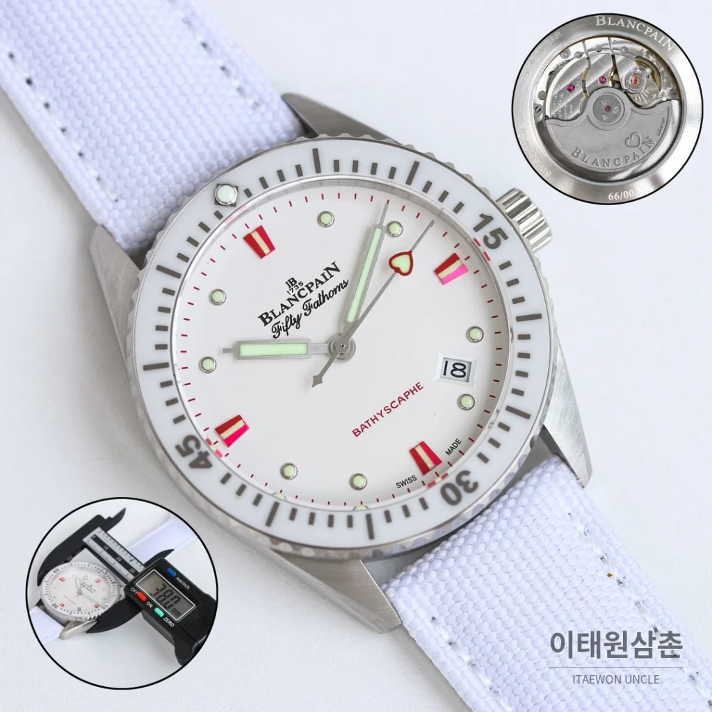 블랑팡 피프티패덤즈 바티스카프 세라믹 오토매틱 38mm 블랙 화이트 나일론 스트랩