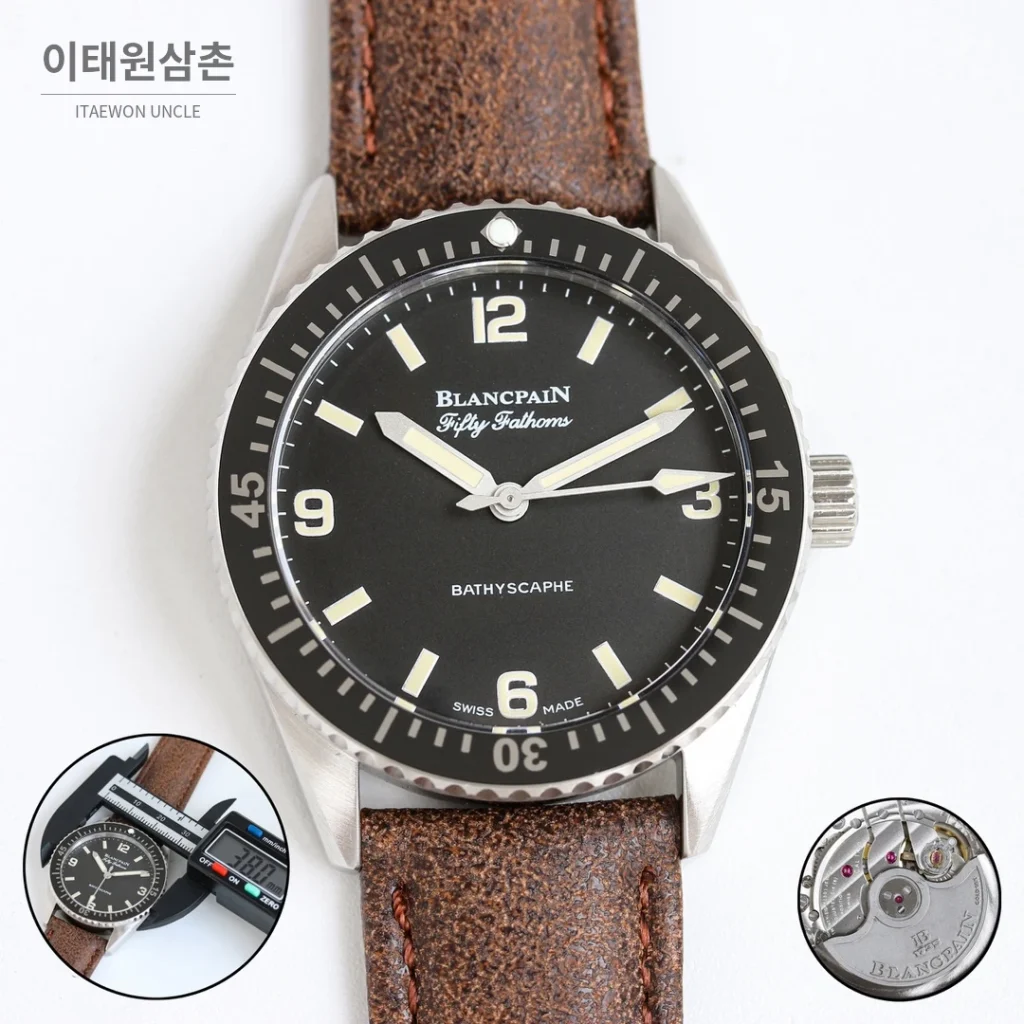 블랑팡 피프티패덤즈 바티스카프 세라믹 오토매틱 38mm 블랙 브라운 가죽 스트랩