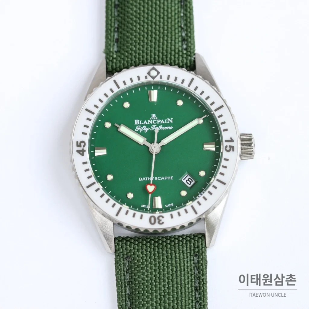 블랑팡 피프티패덤즈 바티스카프 세라믹 오토매틱 38mm 블랙 그린 나일론 스트랩
