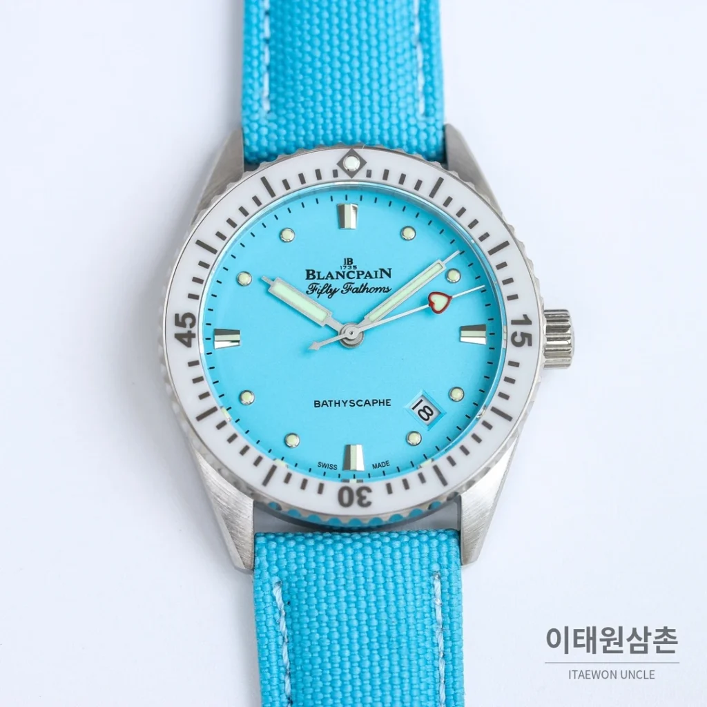 블랑팡 피프티패덤즈 바티스카프 세라믹 오토매틱 38mm 블랙 블루 나일론 스트랩