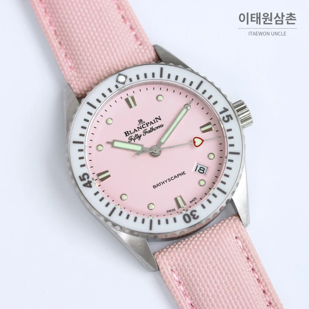블랑팡 피프티패덤즈 바티스카프 세라믹 오토매틱 38mm 블랙 핑크 나일론 스트랩