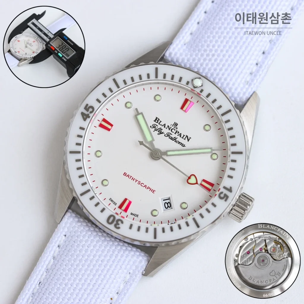 블랑팡 피프티패덤즈 바티스카프 세라믹 오토매틱 38mm 블랙 화이트 나일론 스트랩