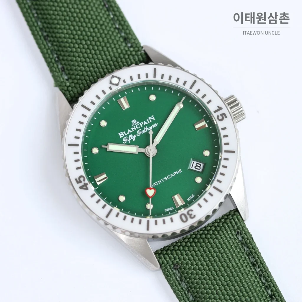 블랑팡 피프티패덤즈 바티스카프 세라믹 오토매틱 38mm 블랙 그린 나일론 스트랩