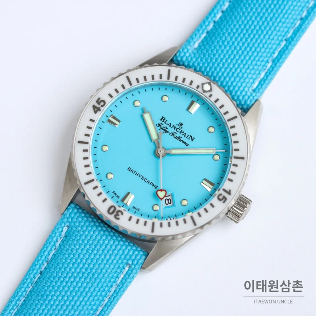 블랑팡 피프티패덤즈 바티스카프 세라믹 오토매틱 38mm 블랙 블루 나일론 스트랩