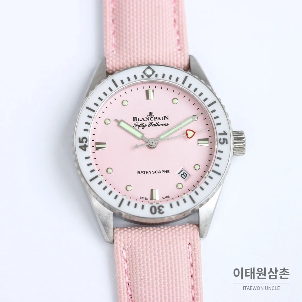 블랑팡 피프티패덤즈 바티스카프 세라믹 오토매틱 38mm 블랙 핑크 나일론 스트랩