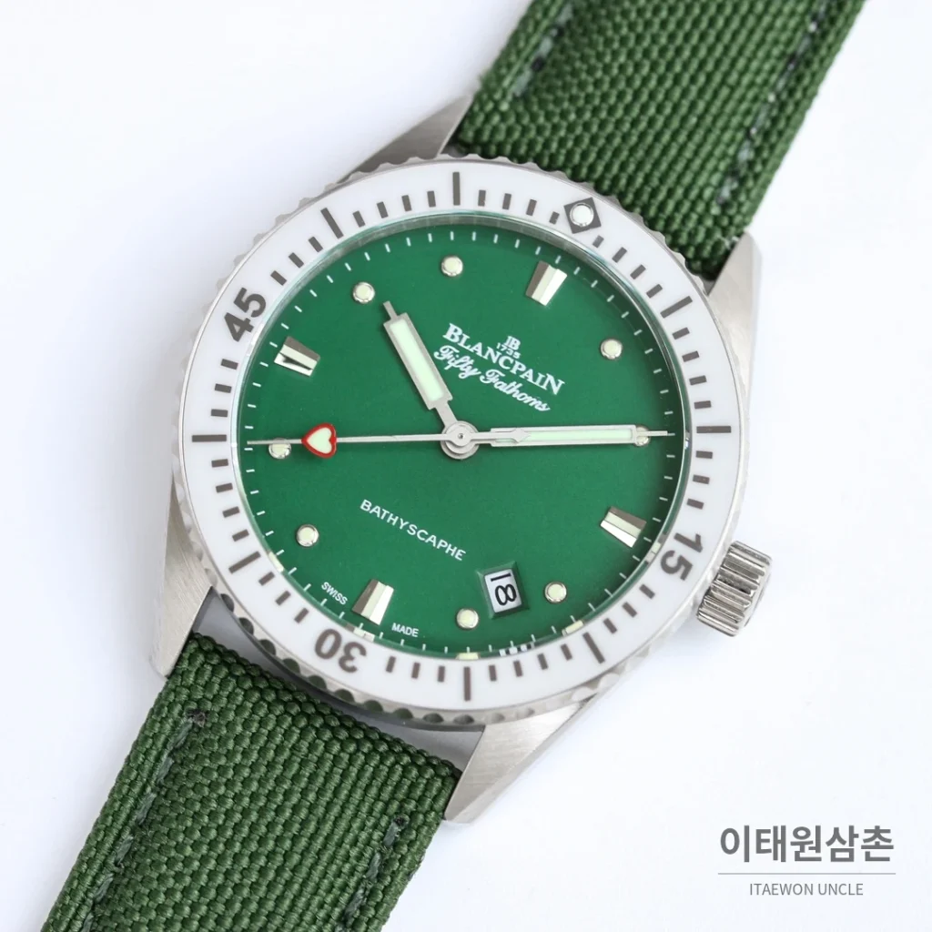 블랑팡 피프티패덤즈 바티스카프 세라믹 오토매틱 38mm 블랙 그린 나일론 스트랩