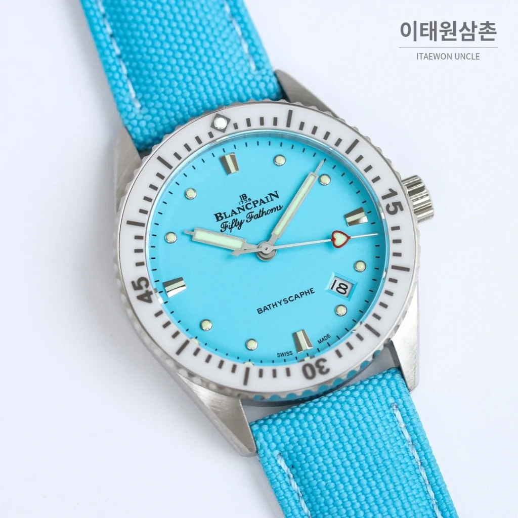 블랑팡 피프티패덤즈 바티스카프 세라믹 오토매틱 38mm 블랙 블루 나일론 스트랩