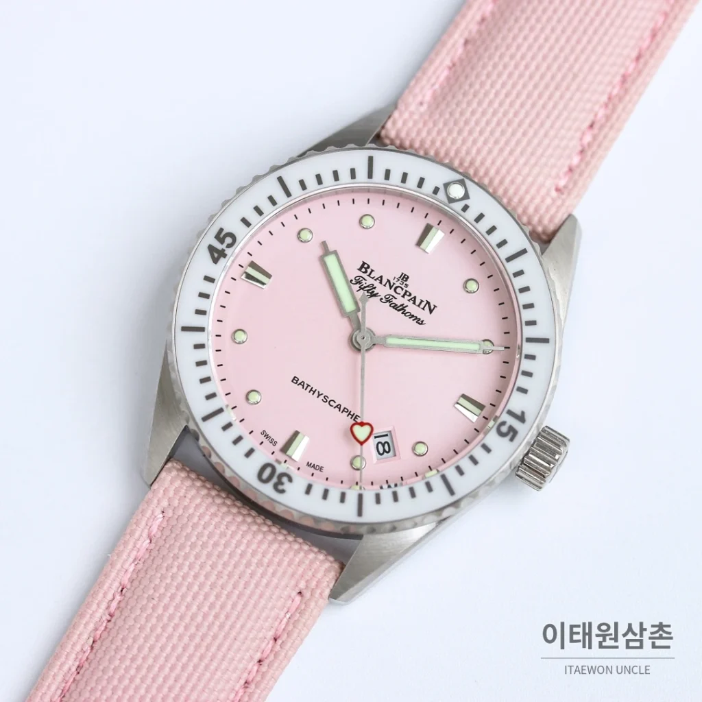 블랑팡 피프티패덤즈 바티스카프 세라믹 오토매틱 38mm 블랙 핑크 나일론 스트랩