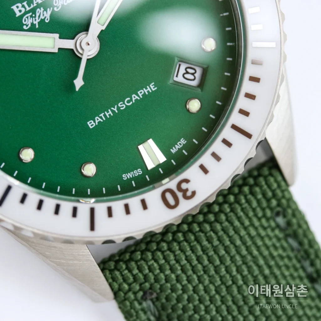 블랑팡 피프티패덤즈 바티스카프 세라믹 오토매틱 38mm 블랙 그린 나일론 스트랩