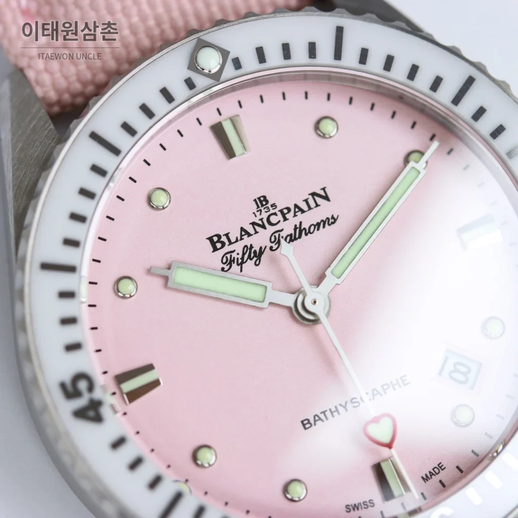 블랑팡 피프티패덤즈 바티스카프 세라믹 오토매틱 38mm 블랙 핑크 나일론 스트랩