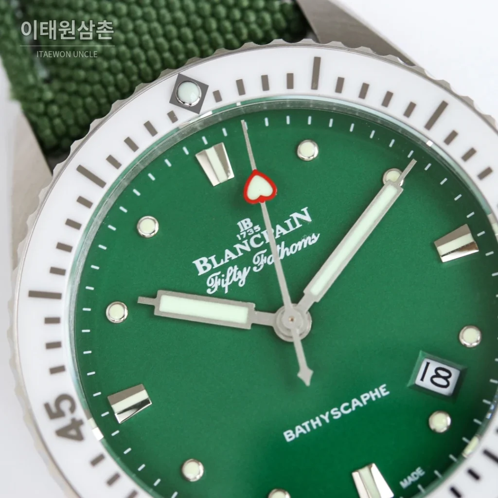 블랑팡 피프티패덤즈 바티스카프 세라믹 오토매틱 38mm 블랙 그린 나일론 스트랩