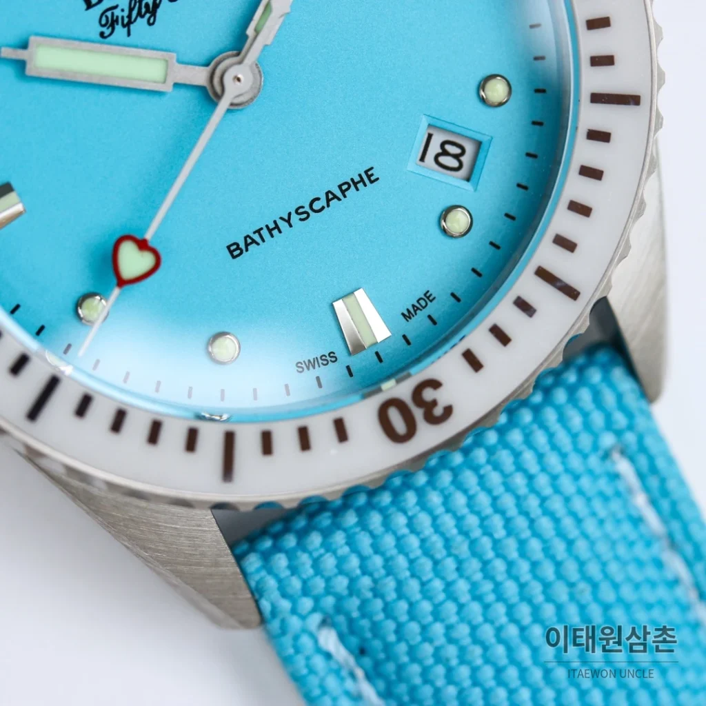 블랑팡 피프티패덤즈 바티스카프 세라믹 오토매틱 38mm 블랙 블루 나일론 스트랩