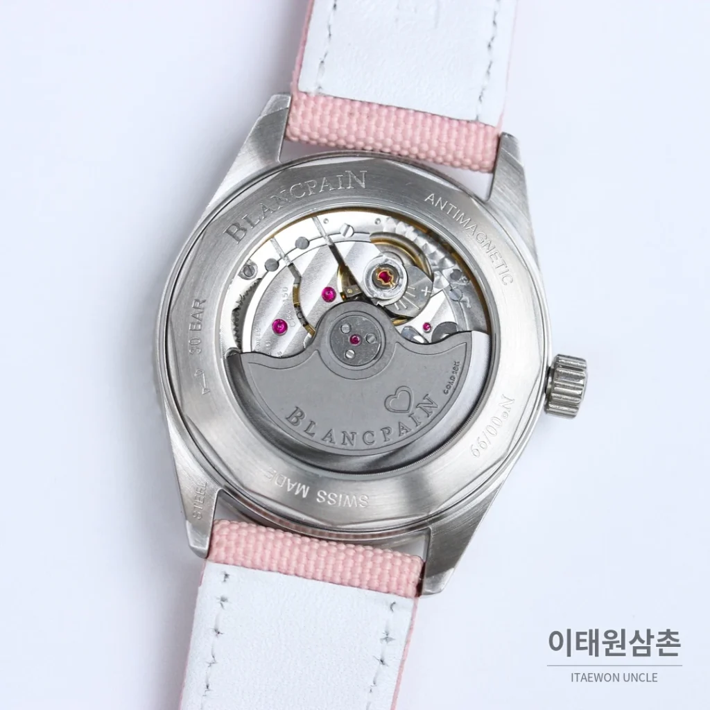 블랑팡 피프티패덤즈 바티스카프 세라믹 오토매틱 38mm 블랙 핑크 나일론 스트랩