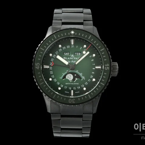 블랑팡 피프티패덤즈 바티스카프 세라믹 풀캘린더 문페이즈 오토매틱 43.6mm 블랙 세라믹 브레이슬릿 그린 베젤