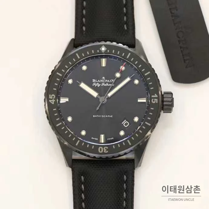 블랑팡 피프티패덤즈 세라믹 블랙다이얼 데이트 다이버 오토매틱 43.6mm 블랙 나일론 스트랩 블랙 베젤