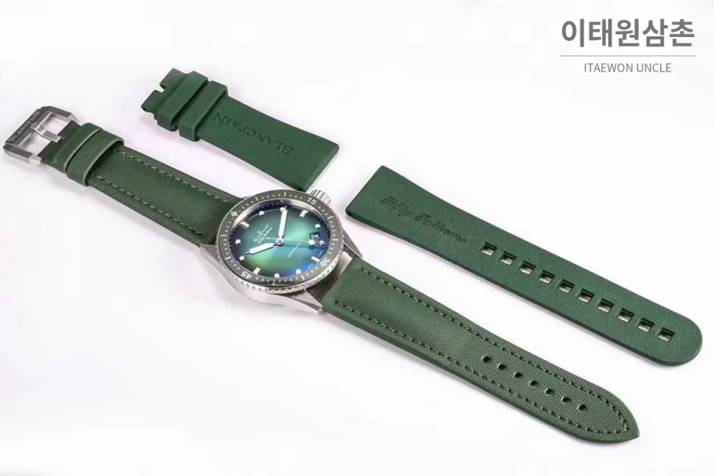 블랑팡 피프티패덤즈 세라믹 블랙다이얼 데이트 다이버 오토매틱 43.6mm 그린 나일론 스트랩 그린 베젤
