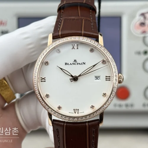 블랑팡 V시리즈 오토매틱 40mm 화이트 다이얼 브라운 가죽 스트랩