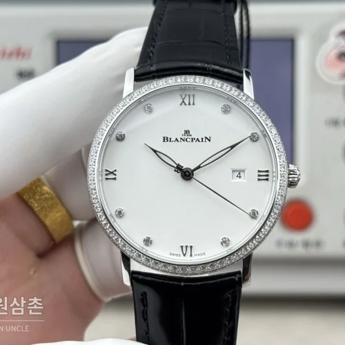 블랑팡 V시리즈 오토매틱 40mm 화이트 다이얼 블랙 가죽 스트랩