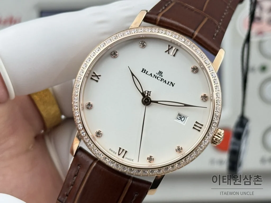 블랑팡 V시리즈 오토매틱 40mm 화이트 다이얼 브라운 가죽 스트랩