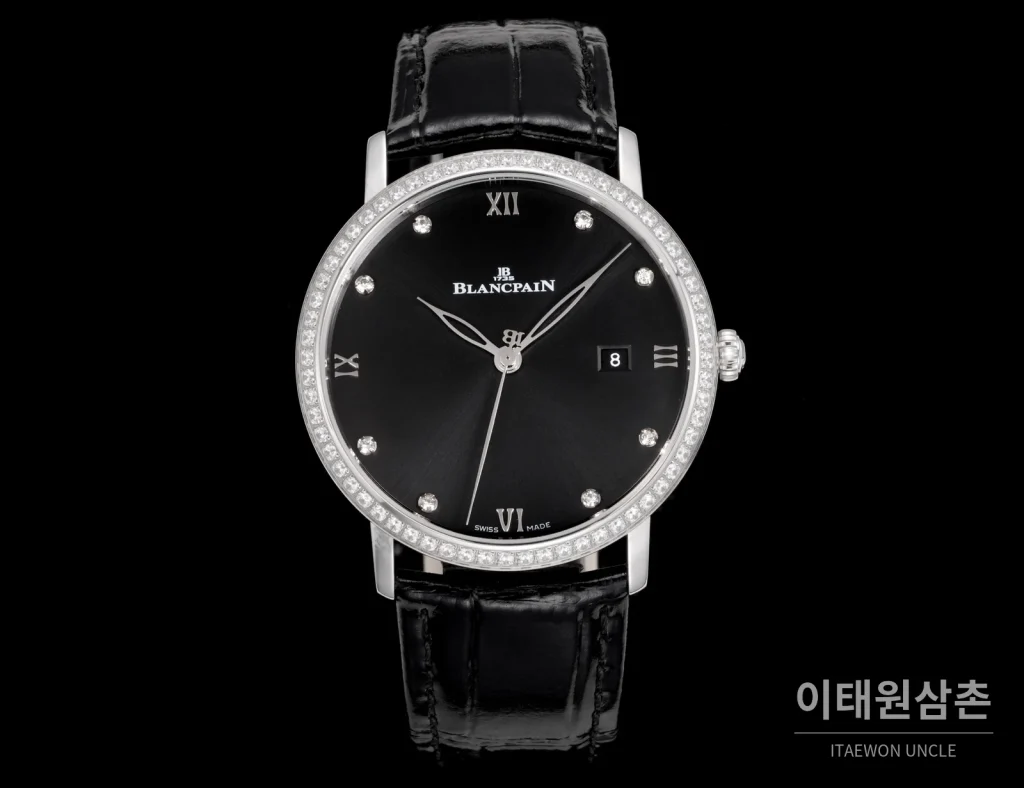 블랑팡 비레트 오토매틱 40mm 블랙 다이얼 블랙 가죽 스트랩 실버 베젤