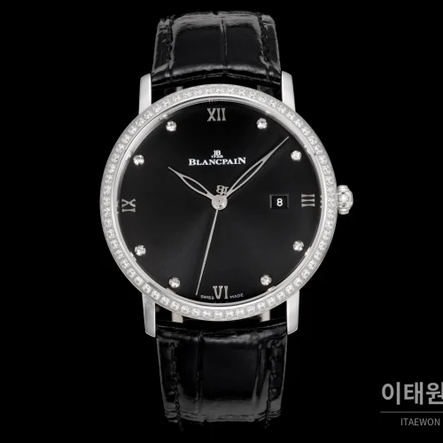 블랑팡 비레트 오토매틱 40mm 블랙 다이얼 블랙 가죽 스트랩 실버 베젤 블랑팡 비레트 오토매틱 40mm 블랙 다이얼 블랙 가죽 스트랩 실버 베젤