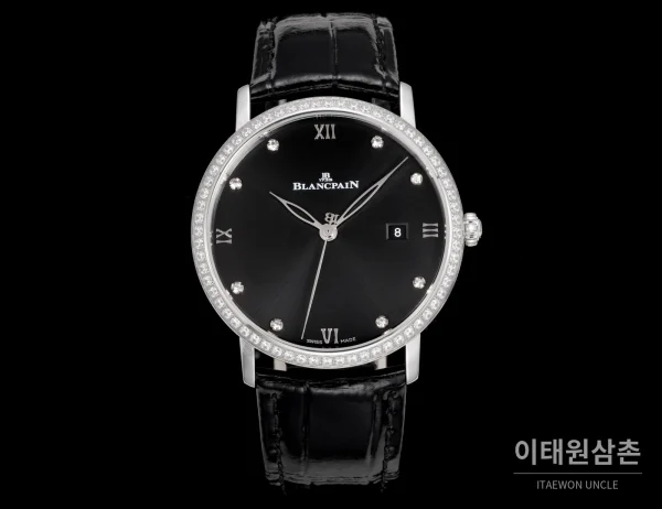 블랑팡 비레트 오토매틱 40mm 블랙 다이얼 블랙 가죽 스트랩 실버 베젤