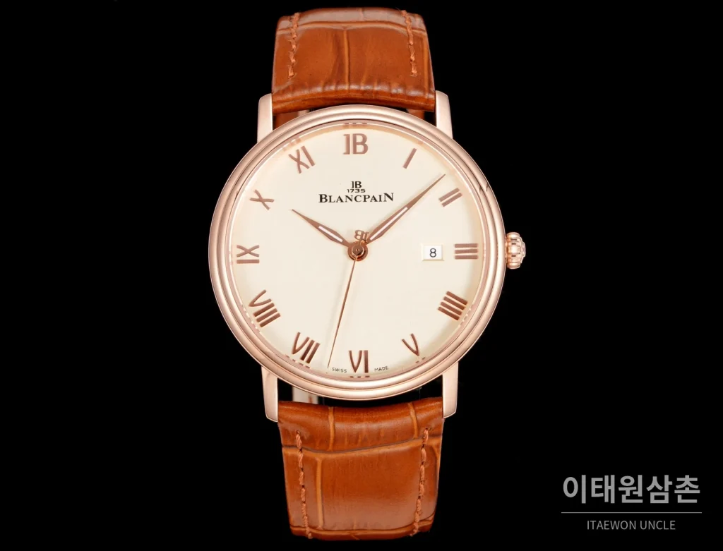 블랑팡 비레트 오토매틱 40mm 샴페인 다이얼 브라운 가죽 스트랩 로즈골드 베젤