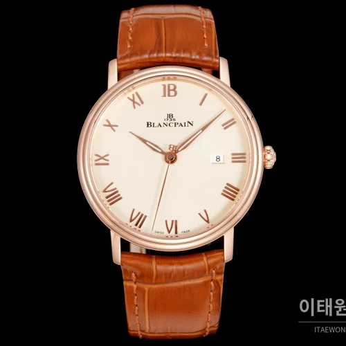 블랑팡 비레트 오토매틱 40mm 샴페인 다이얼 브라운 가죽 스트랩 로즈골드 베젤 블랑팡 비레트 오토매틱 40mm 샴페인 다이얼 브라운 가죽 스트랩 로즈골드 베젤
