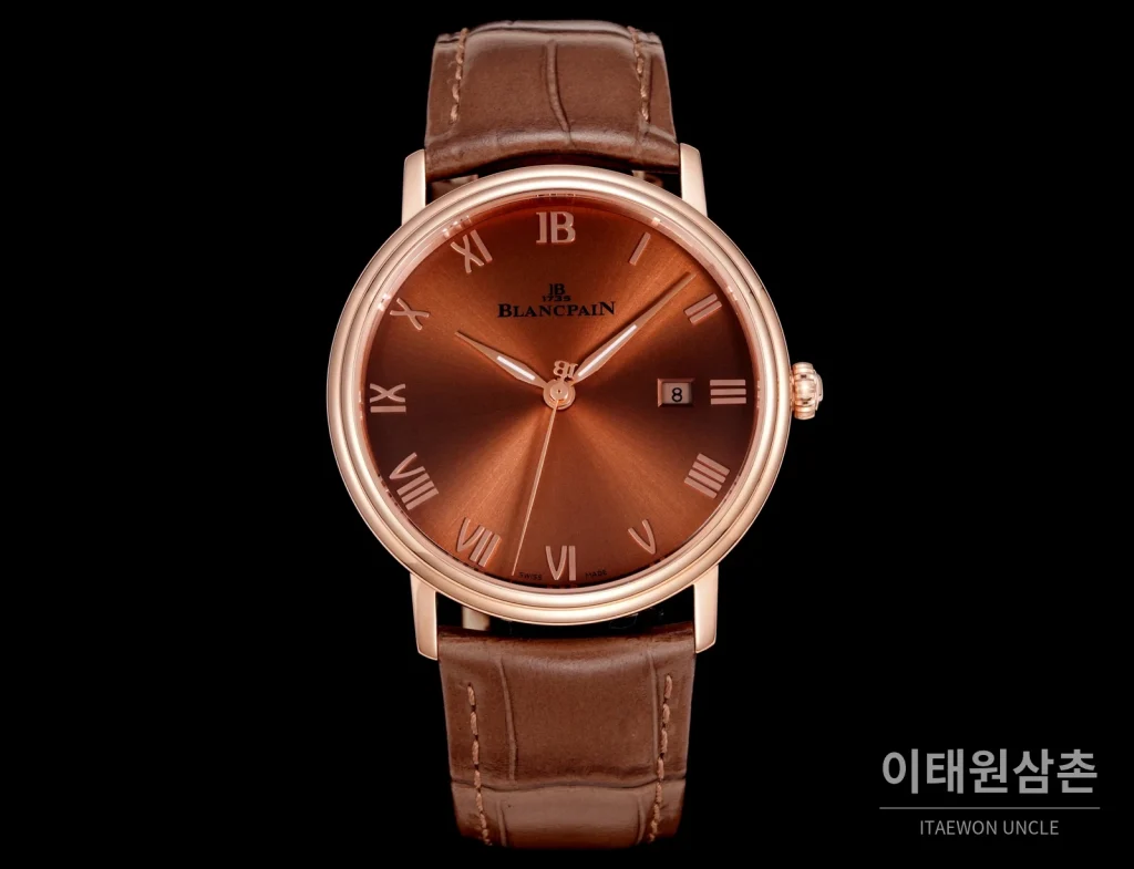 블랑팡 비레트 오토매틱 40mm 브라운 다이얼 브라운 가죽 스트랩 로즈골드 베젤