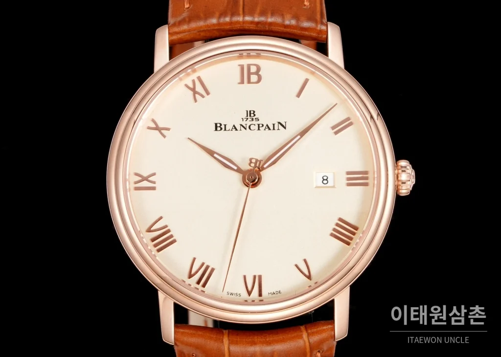 블랑팡 비레트 오토매틱 40mm 샴페인 다이얼 브라운 가죽 스트랩 로즈골드 베젤