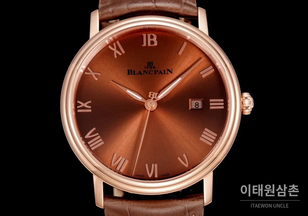 블랑팡 비레트 오토매틱 40mm 브라운 다이얼 브라운 가죽 스트랩 로즈골드 베젤