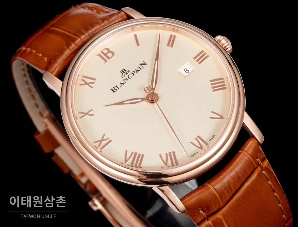 블랑팡 비레트 오토매틱 40mm 샴페인 다이얼 브라운 가죽 스트랩 로즈골드 베젤