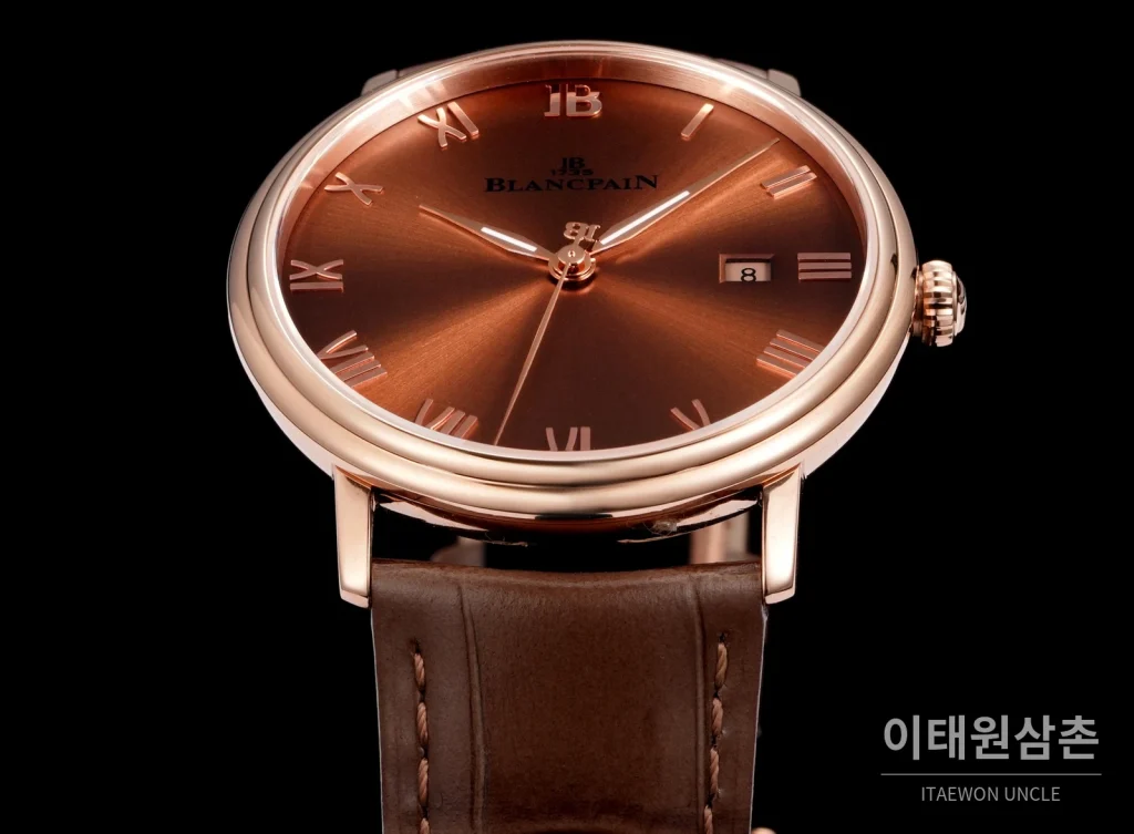블랑팡 비레트 오토매틱 40mm 브라운 다이얼 브라운 가죽 스트랩 로즈골드 베젤
