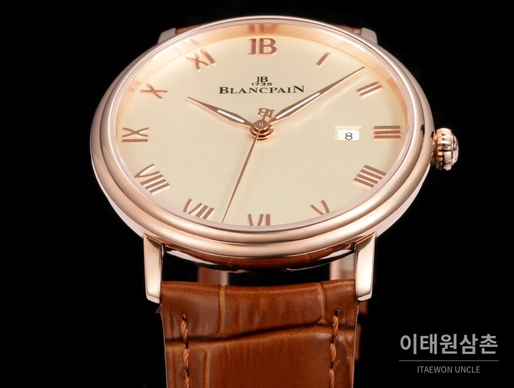 블랑팡 비레트 오토매틱 40mm 샴페인 다이얼 브라운 가죽 스트랩 로즈골드 베젤
