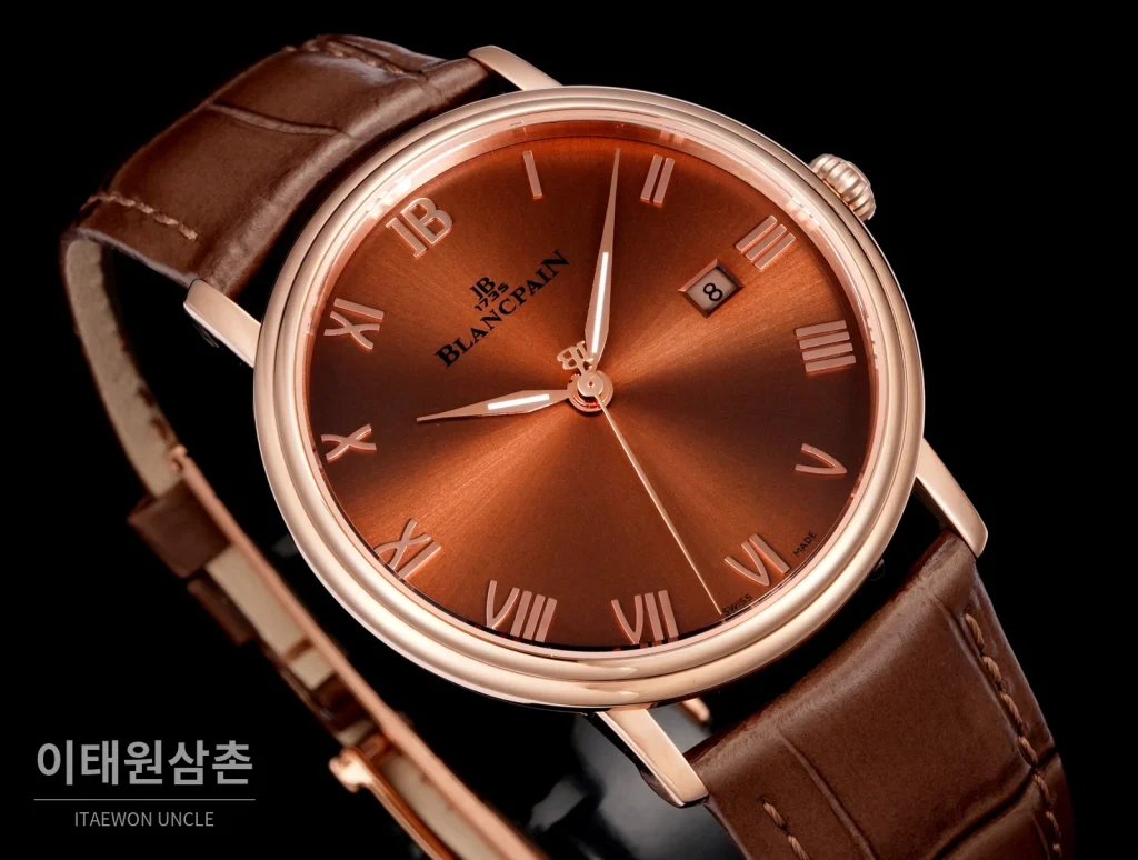 블랑팡 비레트 오토매틱 40mm 브라운 다이얼 브라운 가죽 스트랩 로즈골드 베젤