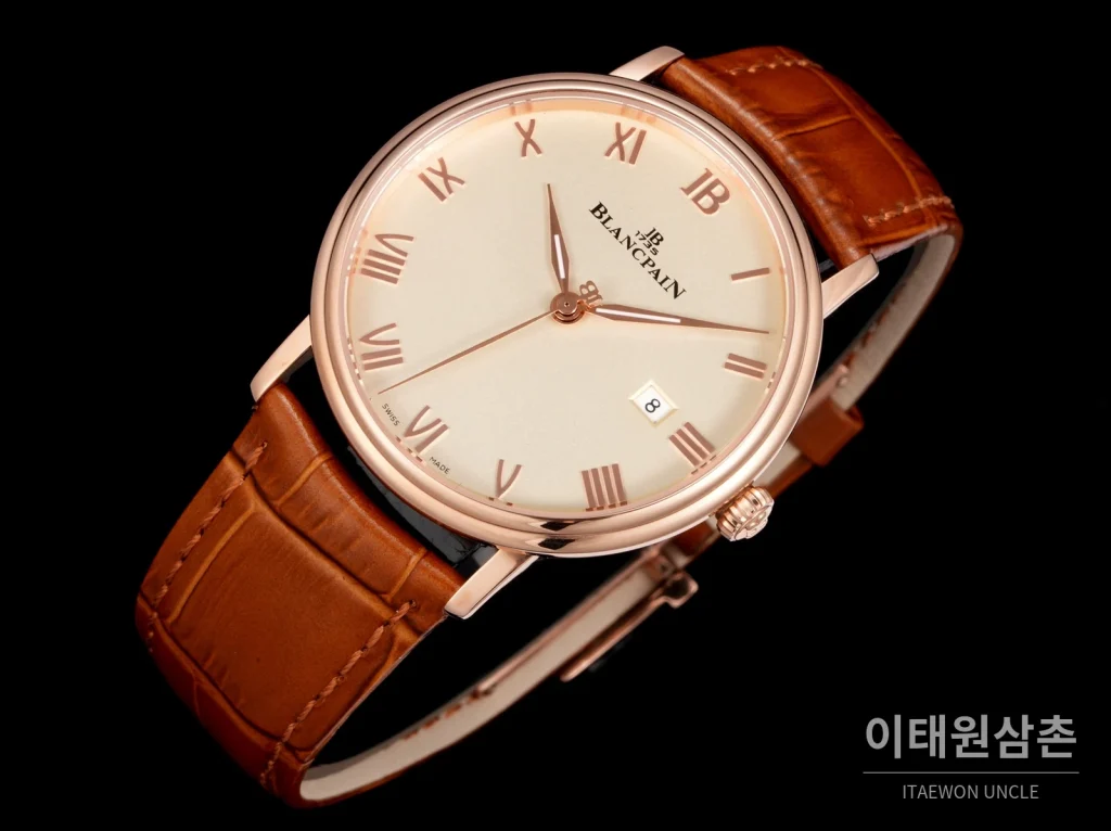 블랑팡 비레트 오토매틱 40mm 샴페인 다이얼 브라운 가죽 스트랩 로즈골드 베젤