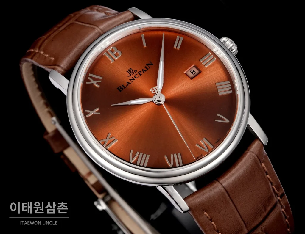블랑팡 비레트 오토매틱 40mm 브라운 다이얼 브라운 가죽 스트랩