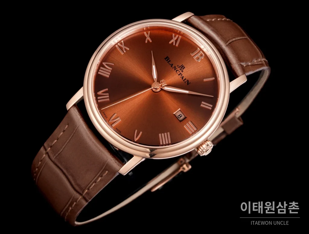 블랑팡 비레트 오토매틱 40mm 브라운 다이얼 브라운 가죽 스트랩 로즈골드 베젤