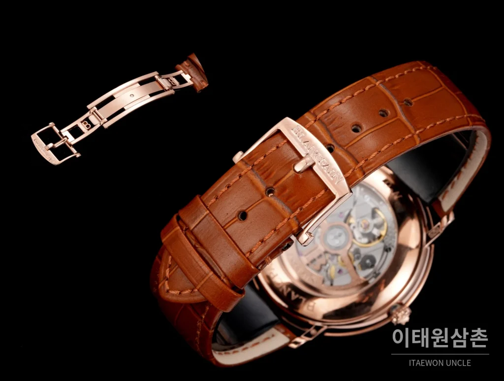 블랑팡 비레트 오토매틱 40mm 샴페인 다이얼 브라운 가죽 스트랩 로즈골드 베젤