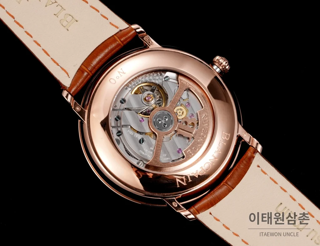 블랑팡 비레트 오토매틱 40mm 샴페인 다이얼 브라운 가죽 스트랩 로즈골드 베젤