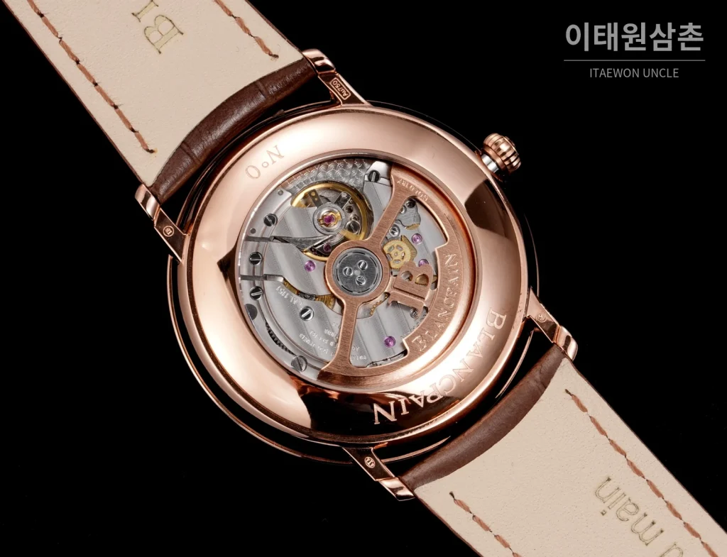 블랑팡 비레트 오토매틱 40mm 브라운 다이얼 브라운 가죽 스트랩 로즈골드 베젤